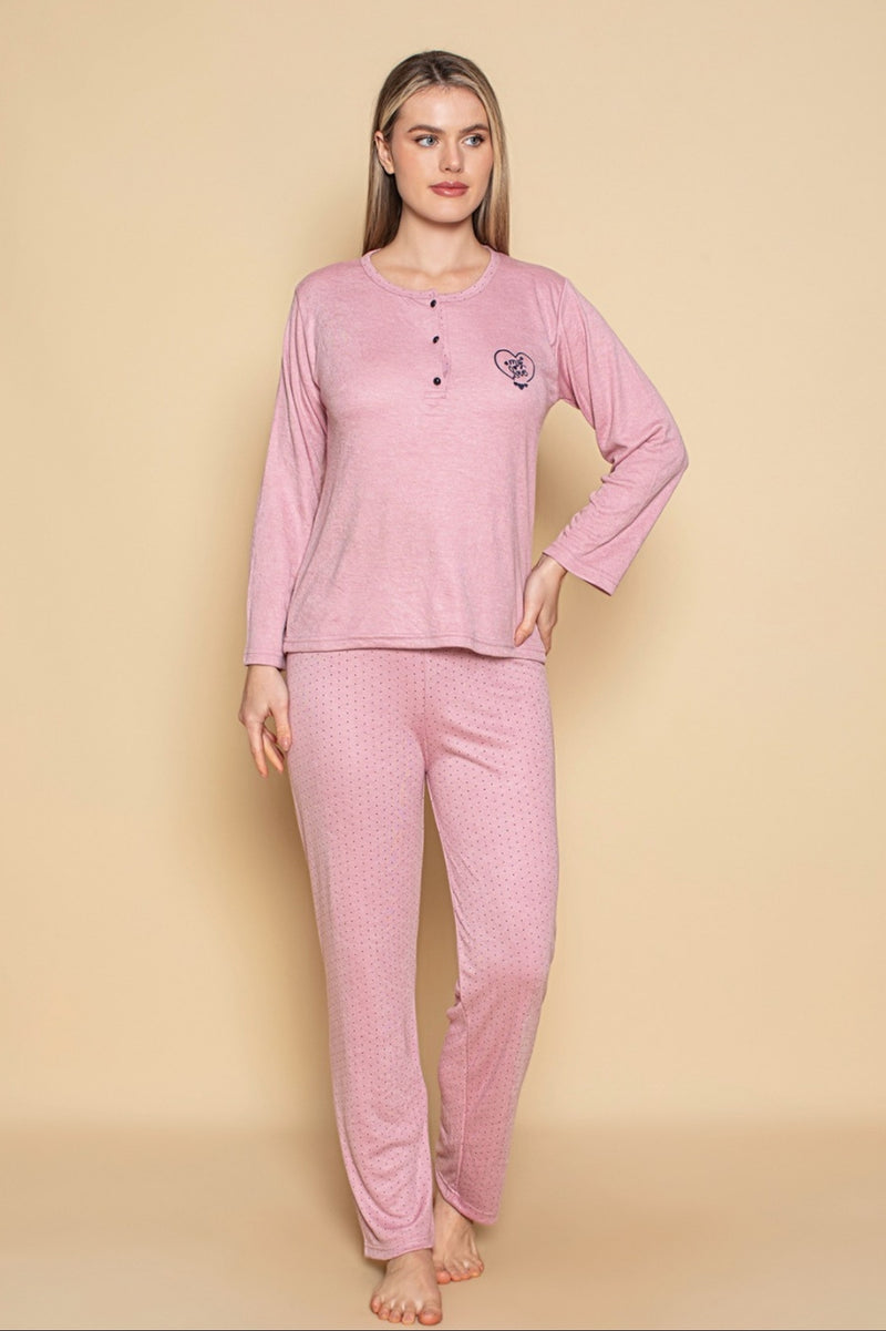 Ensemble Pyjama Femme à Manches Longues avec Broderie et Pantalon Imprimé