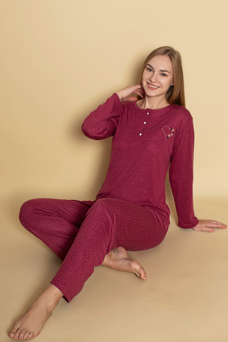 Ensemble Pyjama Femme à Manches Longues avec Broderie et Pantalon Imprimé