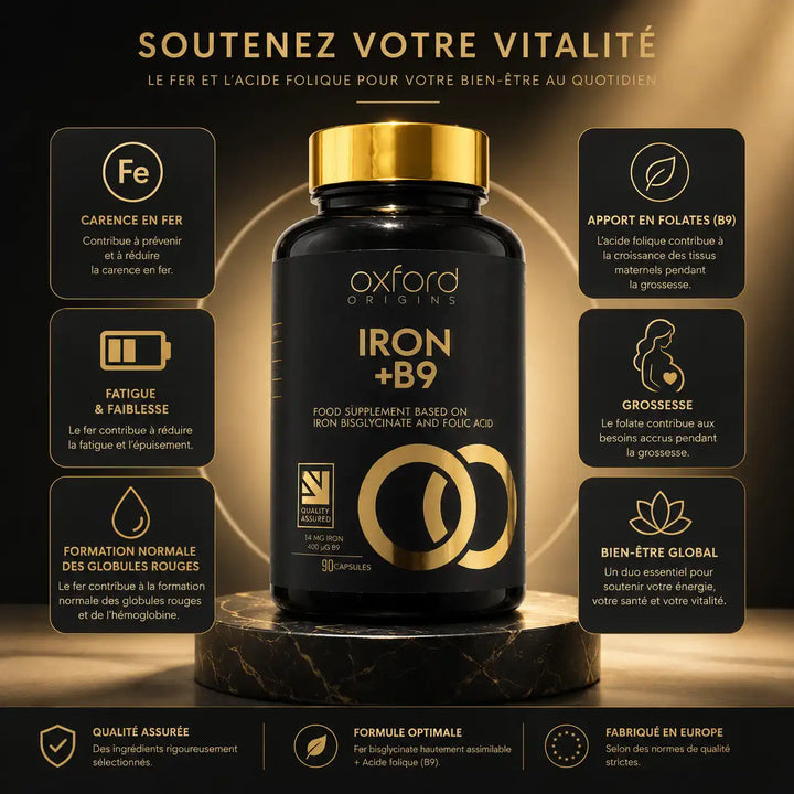 Iron B9 – Fer Bisglycinate + Acide Folique – 90 Capsules