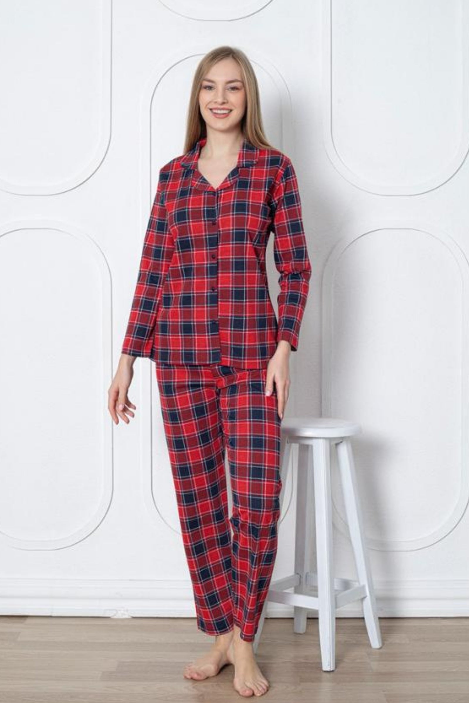 <tc>Ensemble de pyjama à manches longues en coton à carreaux avec col à boutons, Dreamy.</tc>