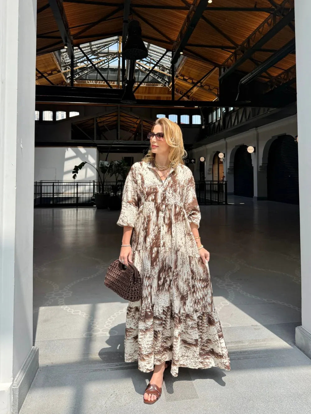 Robe longue ample en coton ayrobin avec boutons devant - Justyol