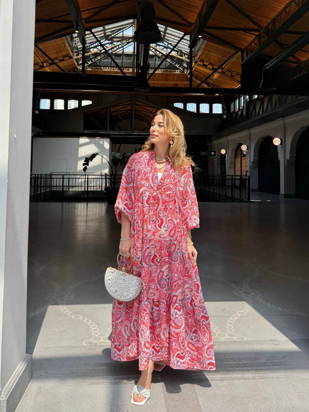 Robe longue ample en coton ayrobin avec boutons devant - Justyol