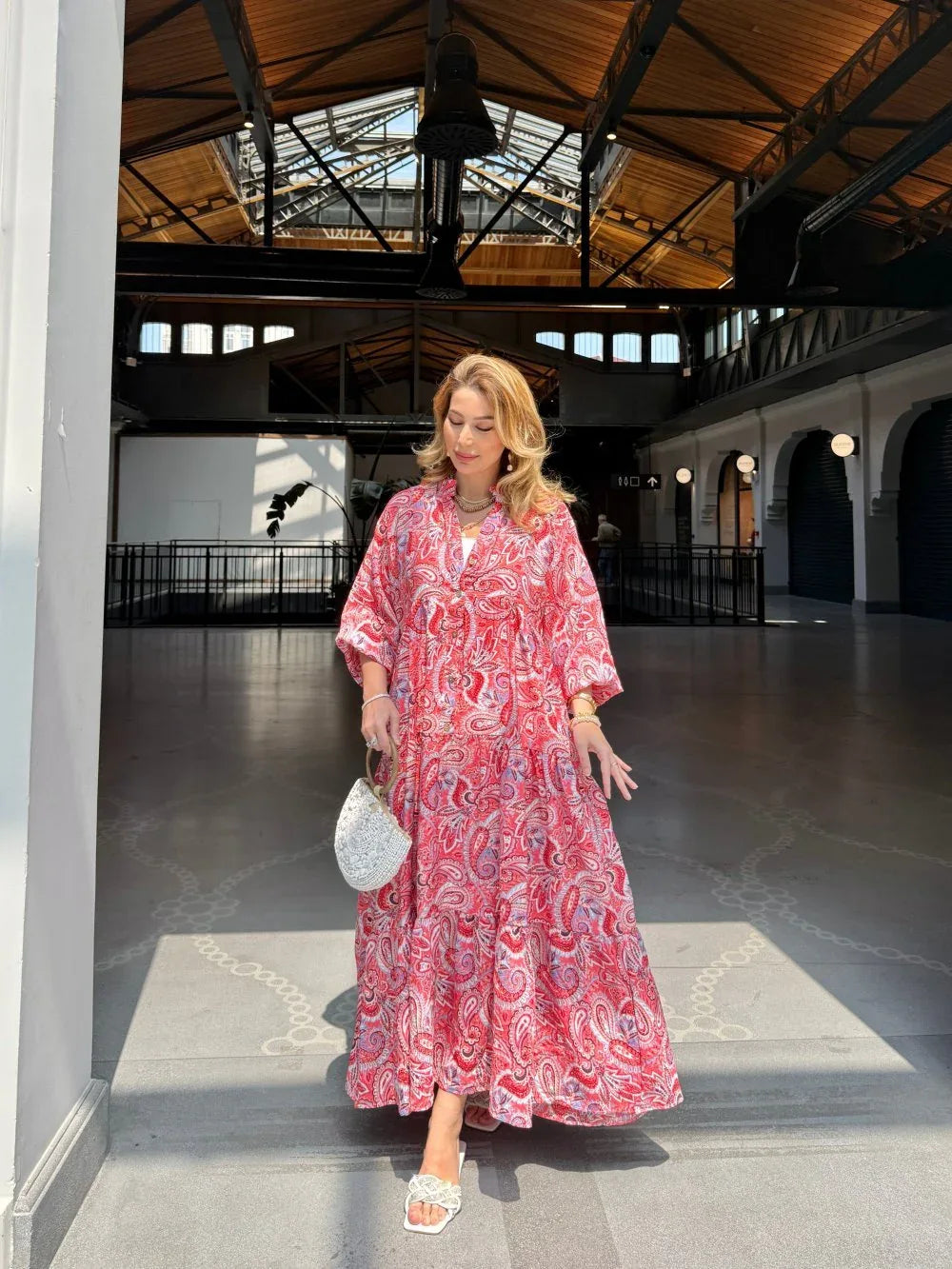 Robe longue ample en coton ayrobin avec boutons devant - Justyol