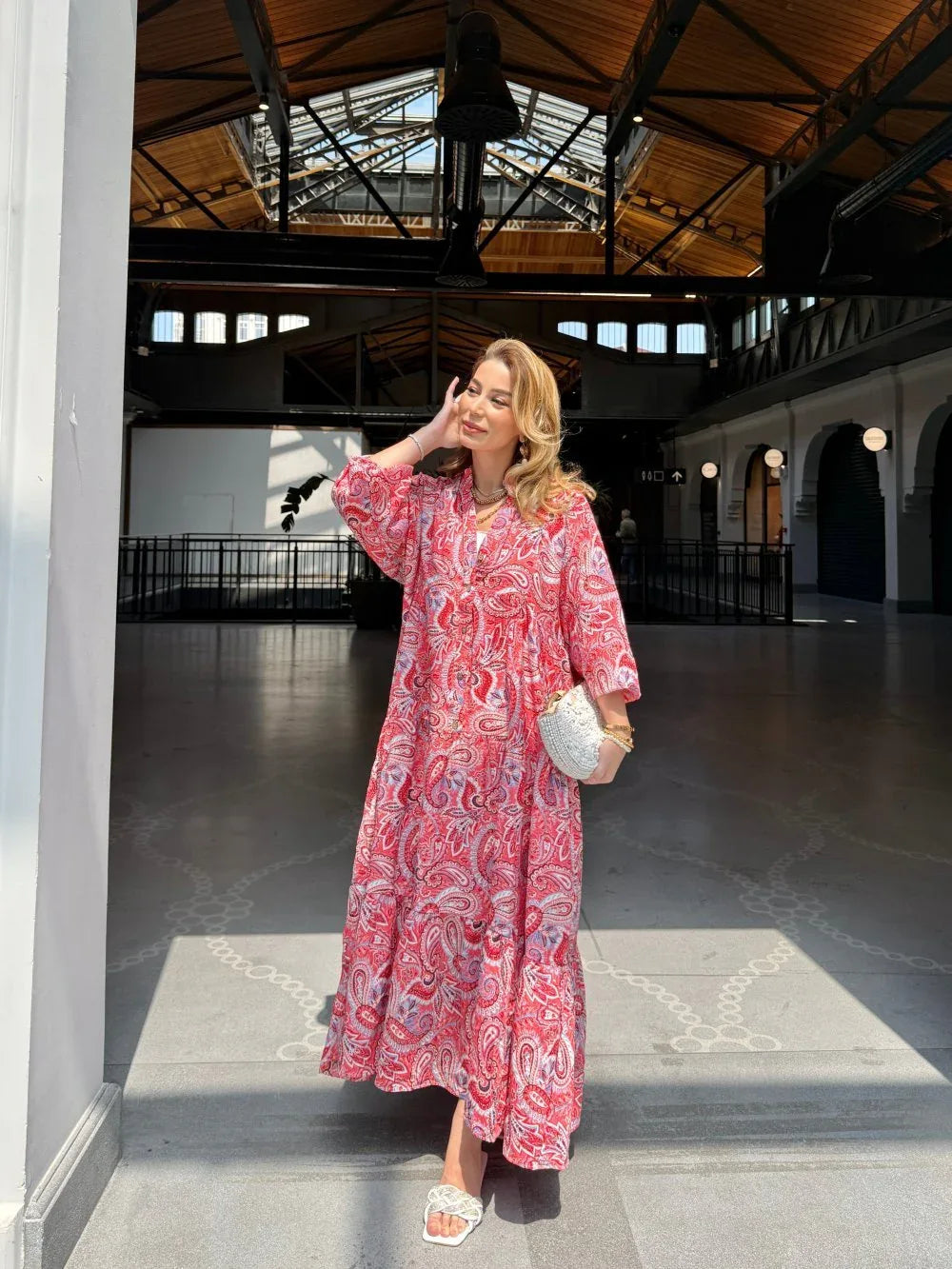 Robe longue ample en coton ayrobin avec boutons devant - Justyol