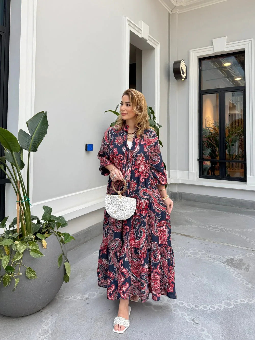 Robe longue ample en coton ayrobin avec boutons devant - Justyol