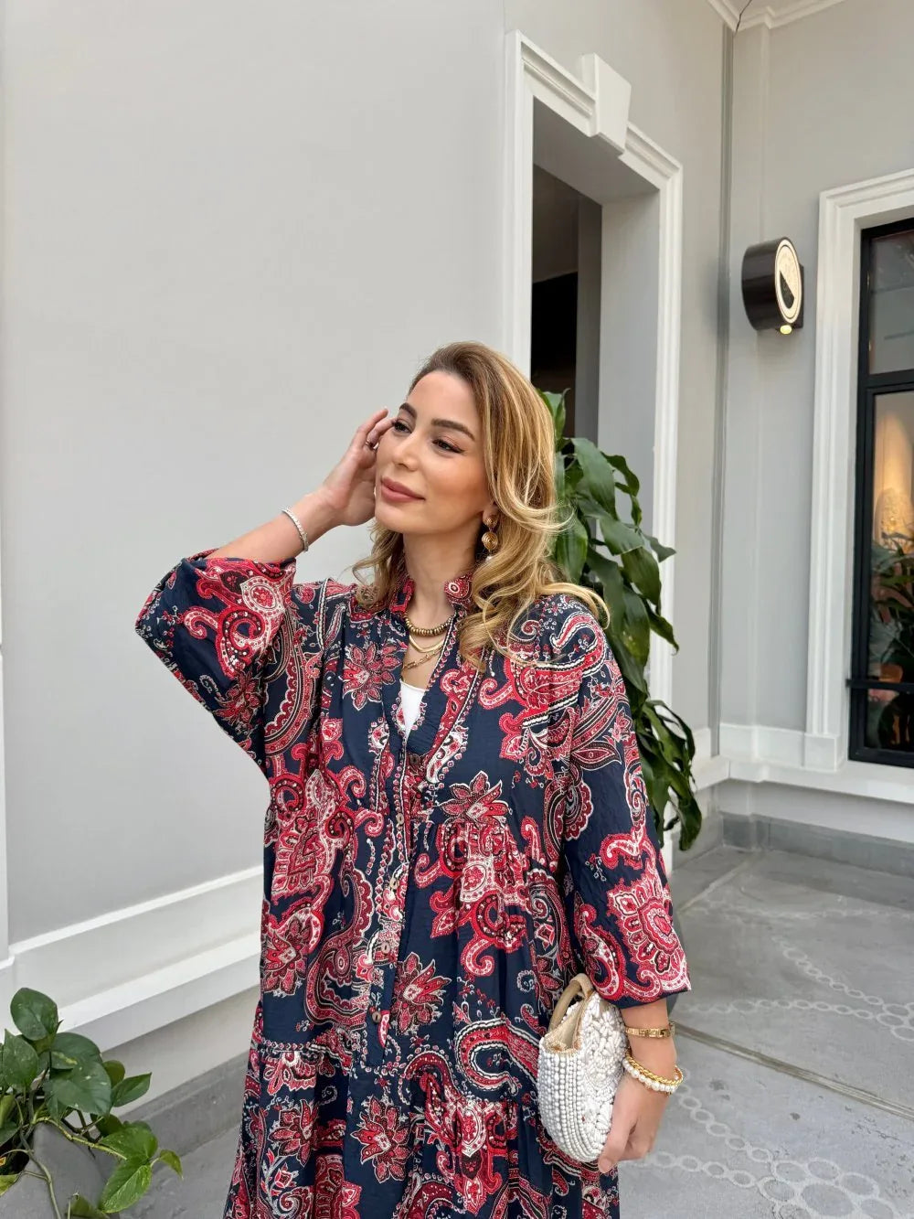 Robe longue ample en coton ayrobin avec boutons devant - Justyol