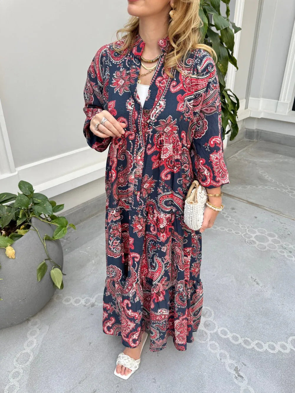 Robe longue ample en coton ayrobin avec boutons devant - Justyol