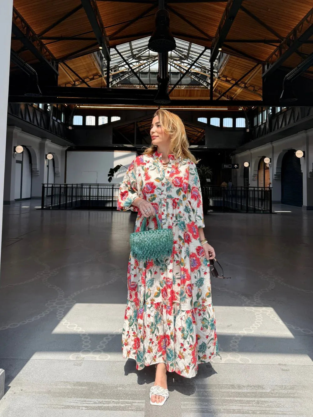 Robe longue ample en coton ayrobin avec boutons devant - Justyol