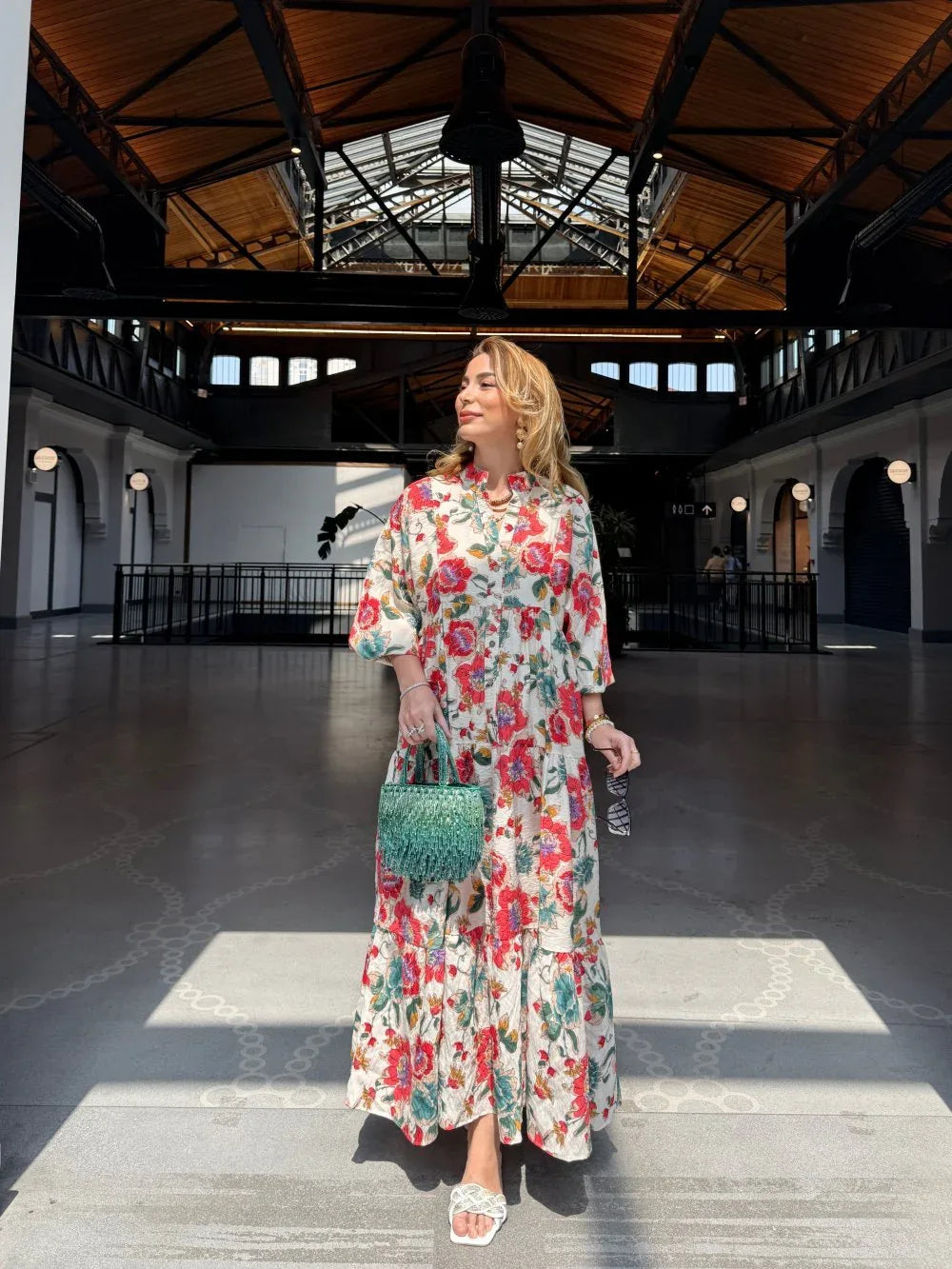 Robe longue ample en coton ayrobin avec boutons devant - Justyol