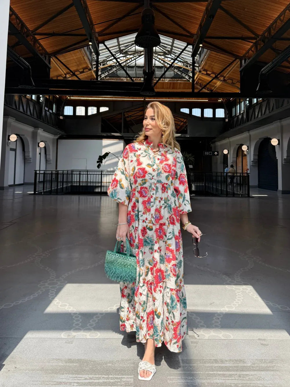 Robe longue ample en coton ayrobin avec boutons devant - Justyol