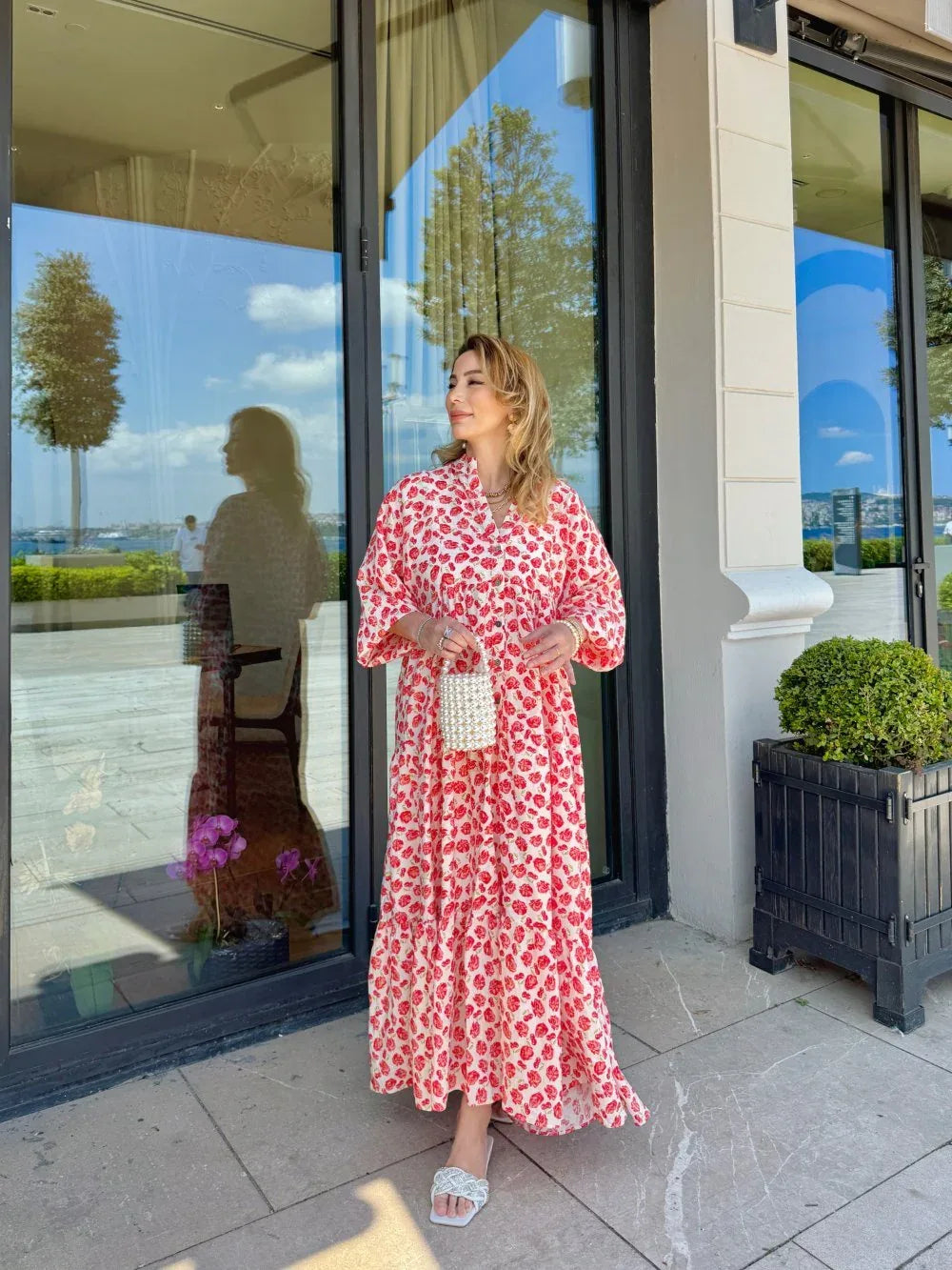 Robe longue ample en coton ayrobin avec boutons devant - Justyol