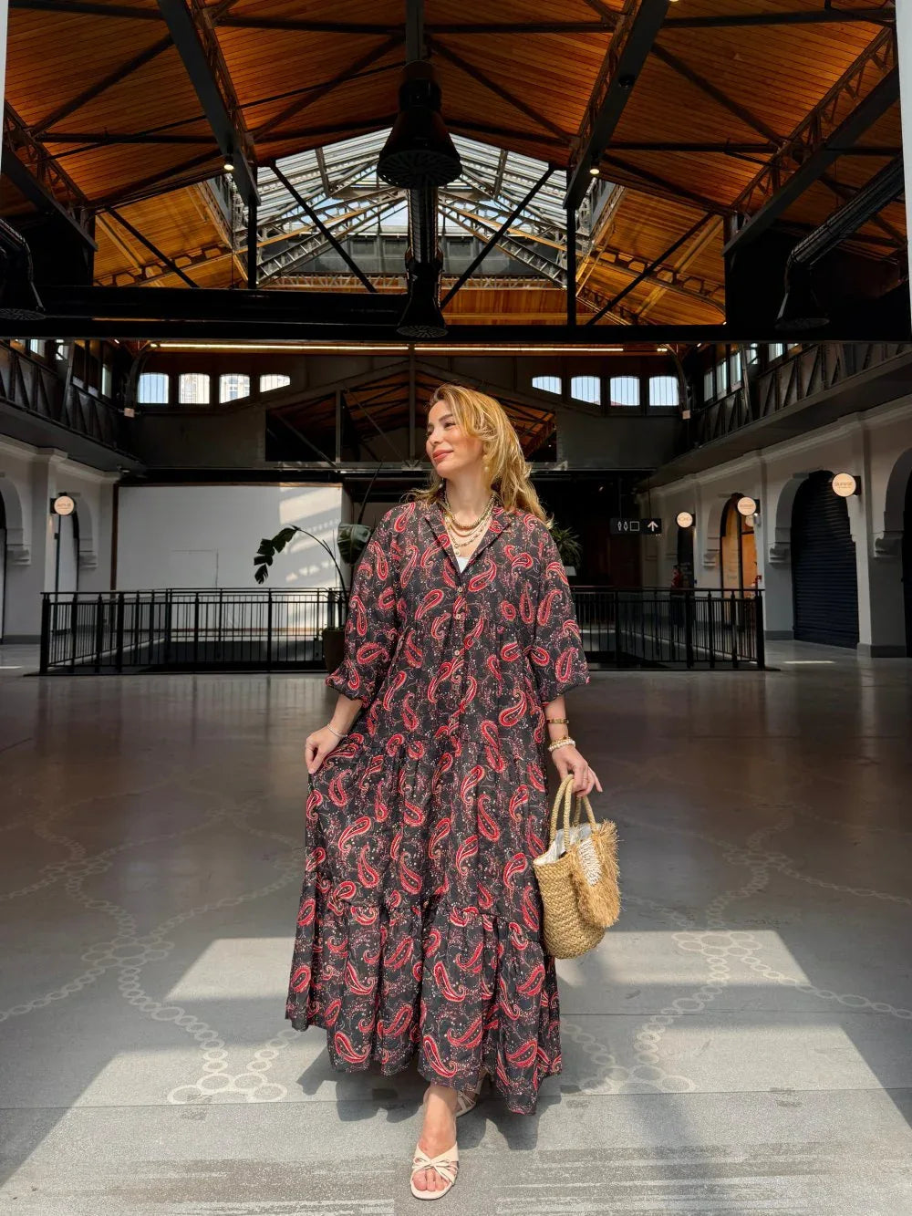 Robe longue ample en coton ayrobin avec boutons devant - Justyol