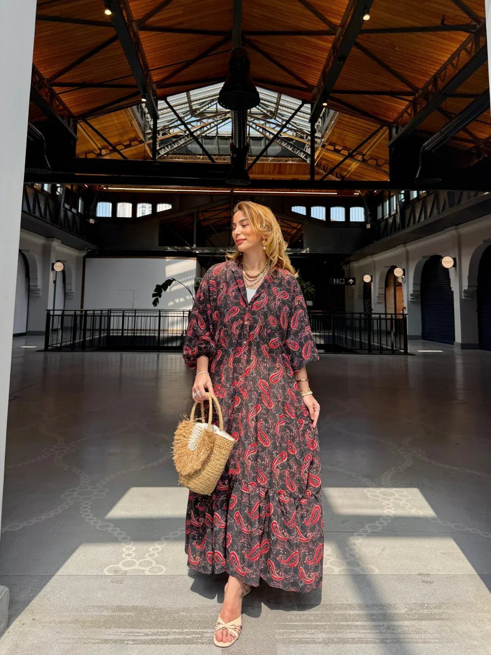 Robe longue ample en coton ayrobin avec boutons devant - Justyol