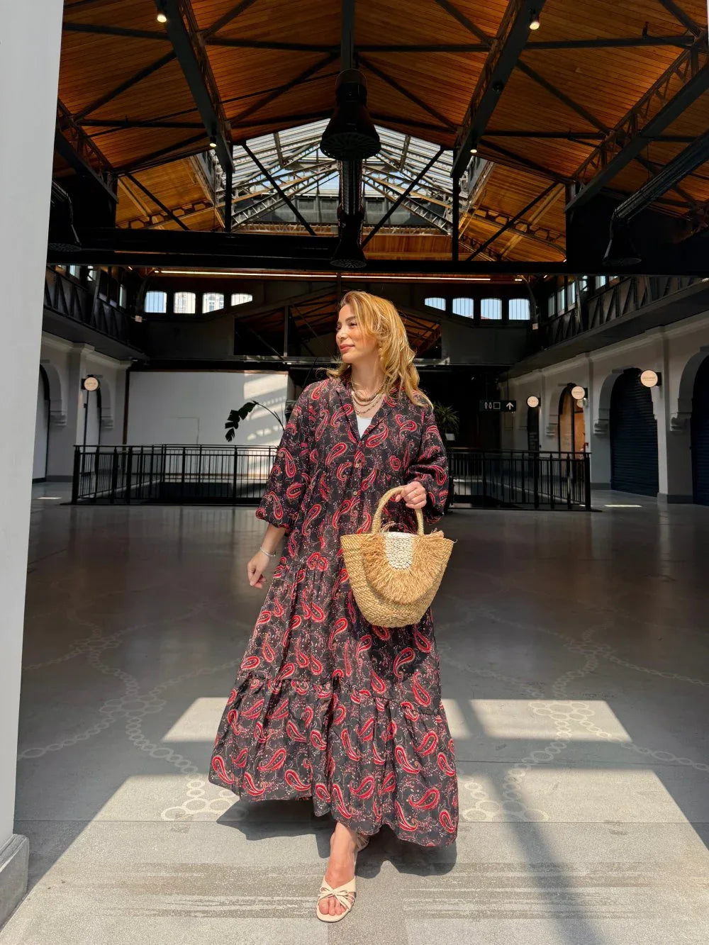 Robe longue ample en coton ayrobin avec boutons devant - Justyol