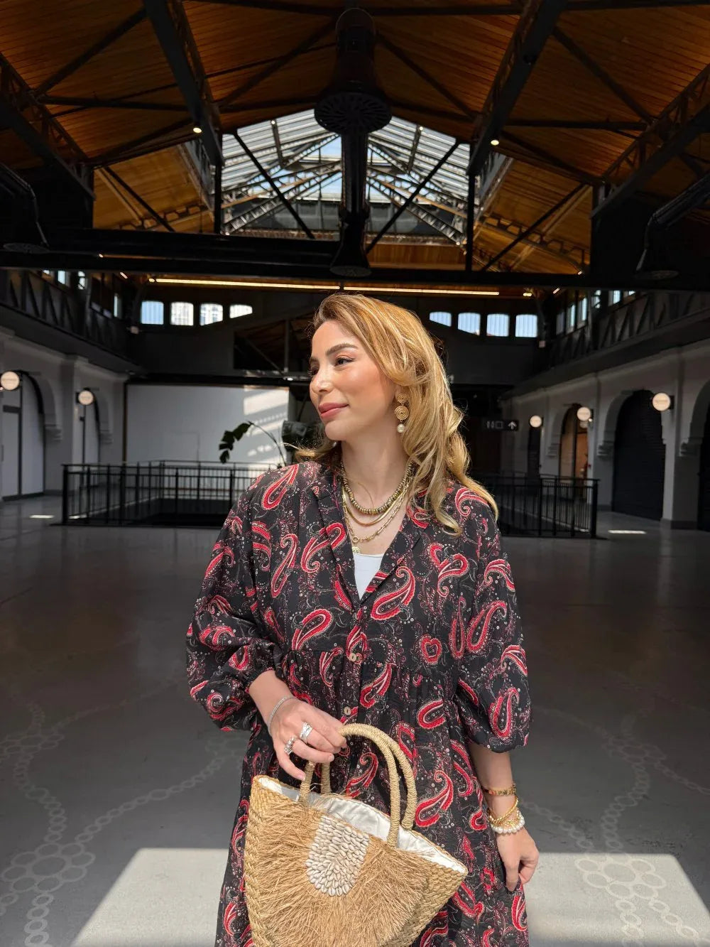 Robe longue ample en coton ayrobin avec boutons devant - Justyol