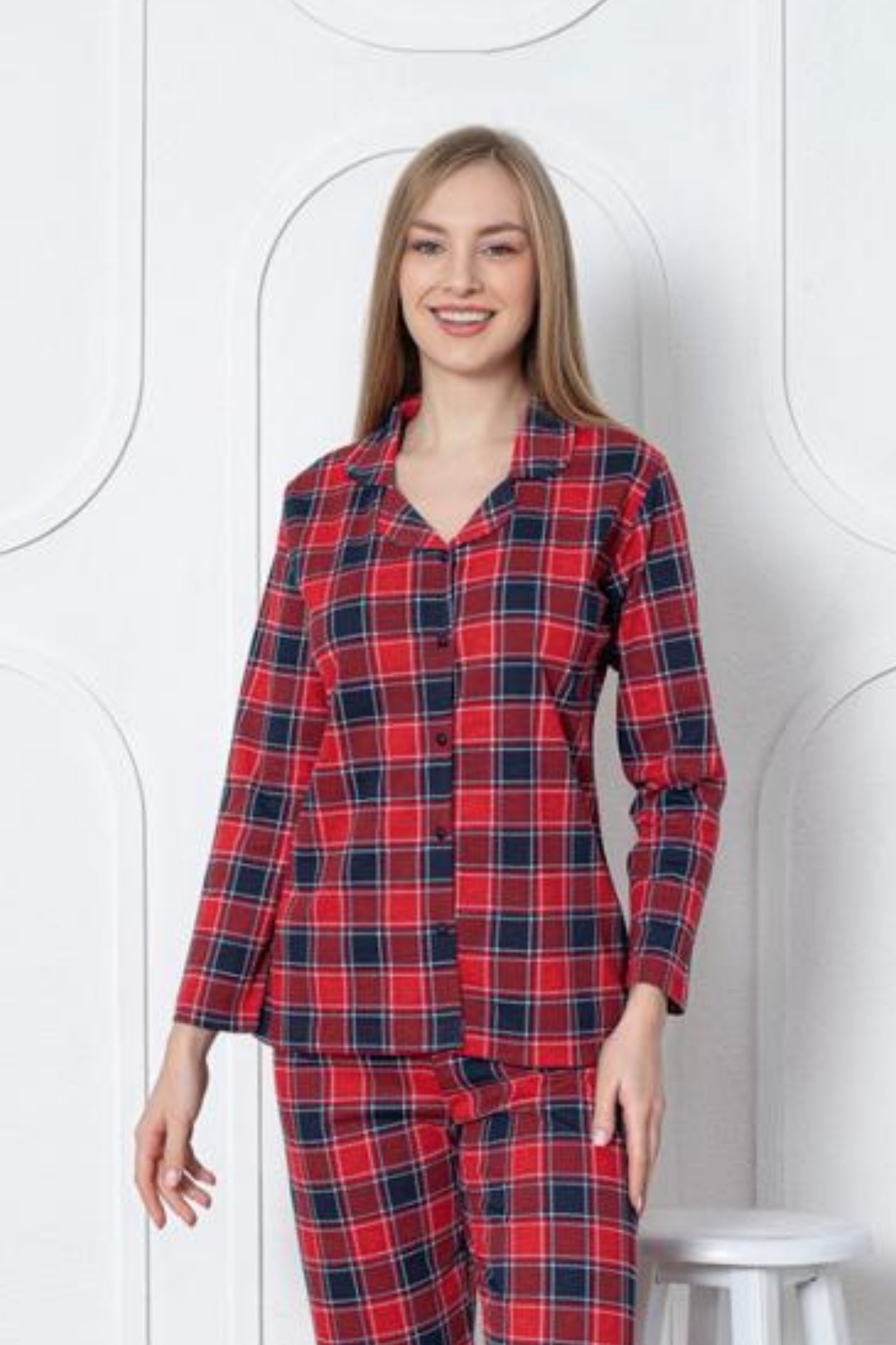 <tc>Ensemble de pyjama à manches longues en coton à carreaux avec col à boutons, Dreamy.</tc>