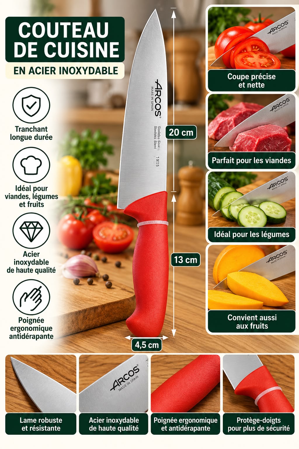 COUTEAU CUISINE ARCOS VERT 292121 200MM