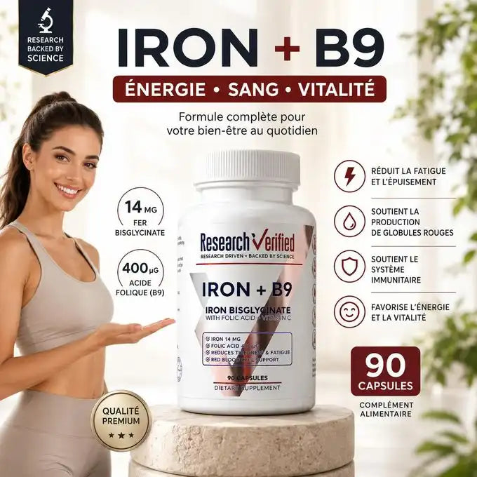 Fer Bisglycinate 14 mg + Vitamine B9 – 90 Capsules