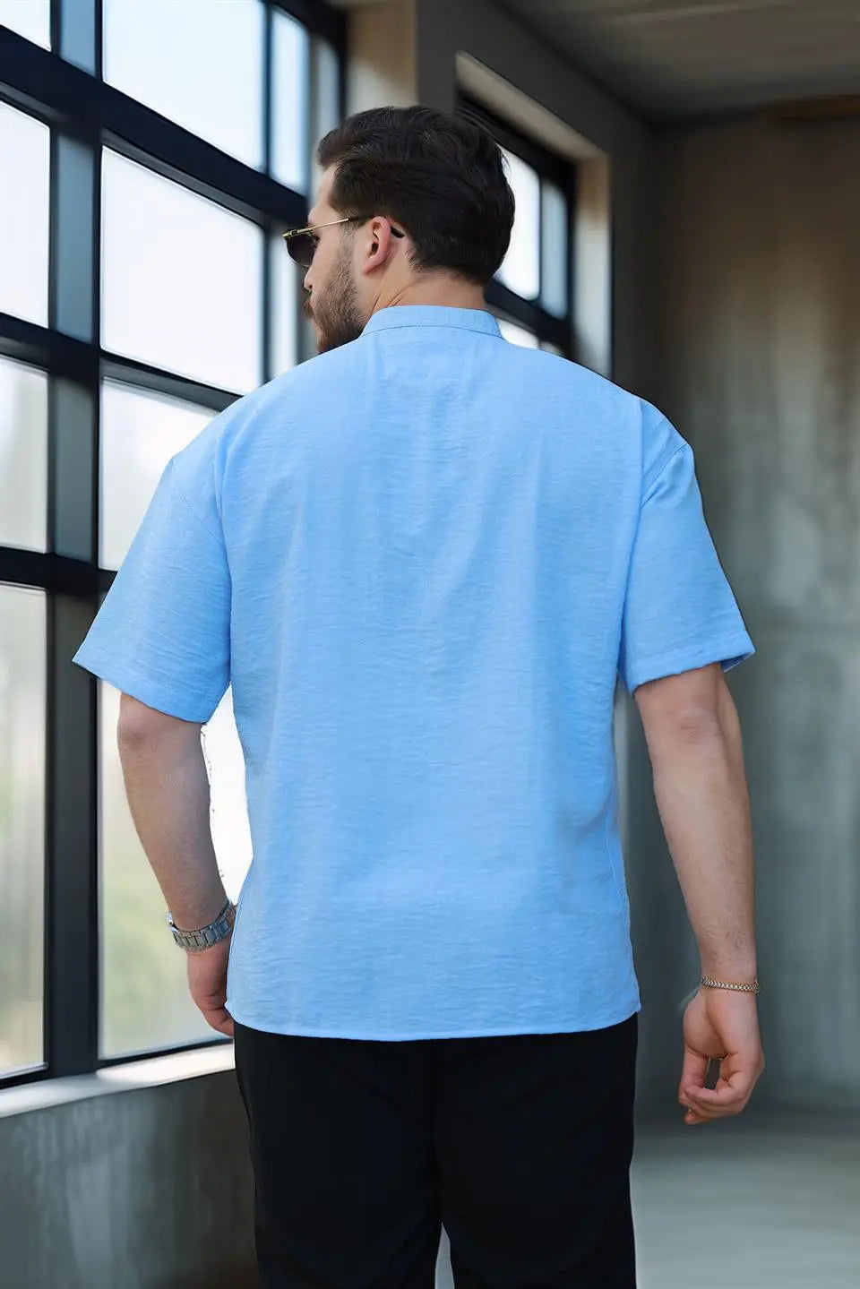 wes oversize yarim pat bambu kisa kol gömlek - Justyol