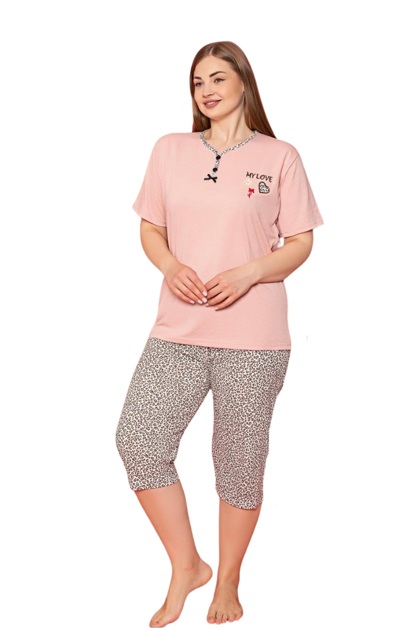 <tc>Ensemble de pyjama en coton à motifs avec col à boutons et capri, grande taille, X-Dreamy.</tc>