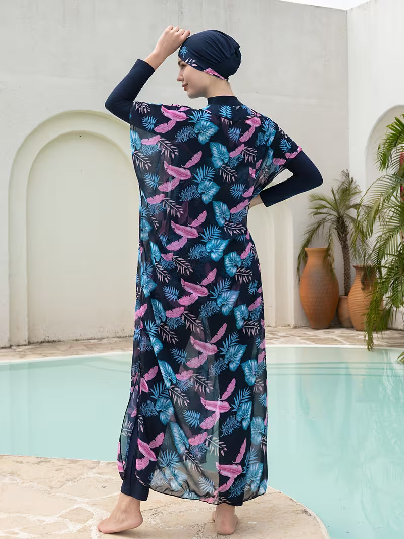 Ensemble Plage Femme 4 Pièces en Polyester – Maillot & Pareo Long