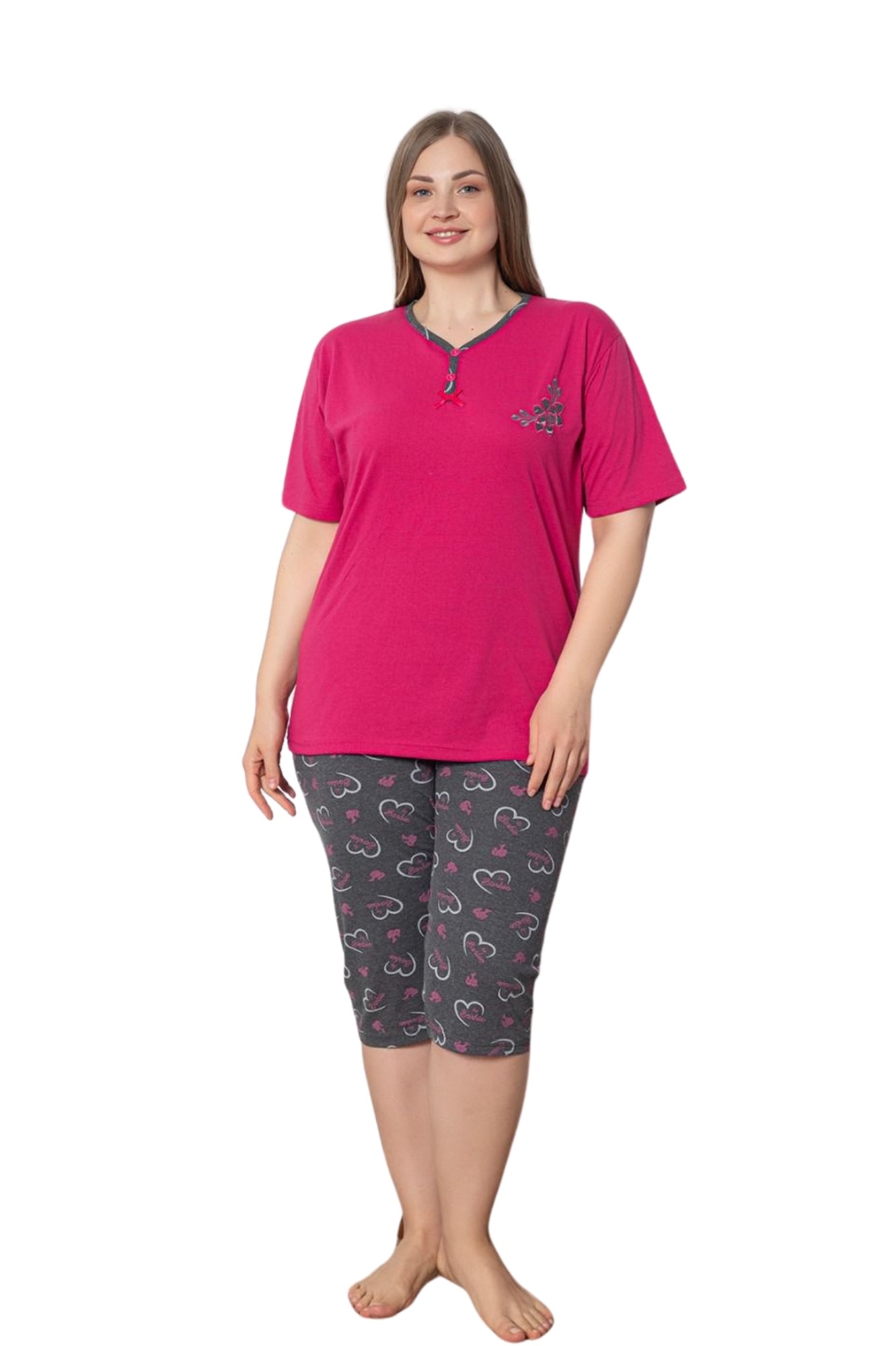 <tc>Ensemble de pyjama en coton à motifs avec col à boutons et capri, grande taille, X-Dreamy.</tc>