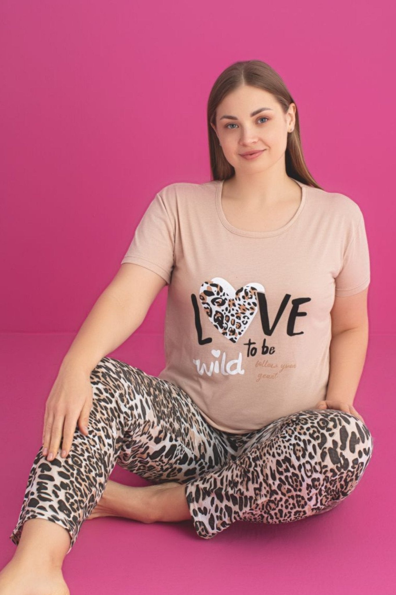 x - dreamy büyük beden pamuklu leopar desenli kisa kollu pijama takimi - Justyol