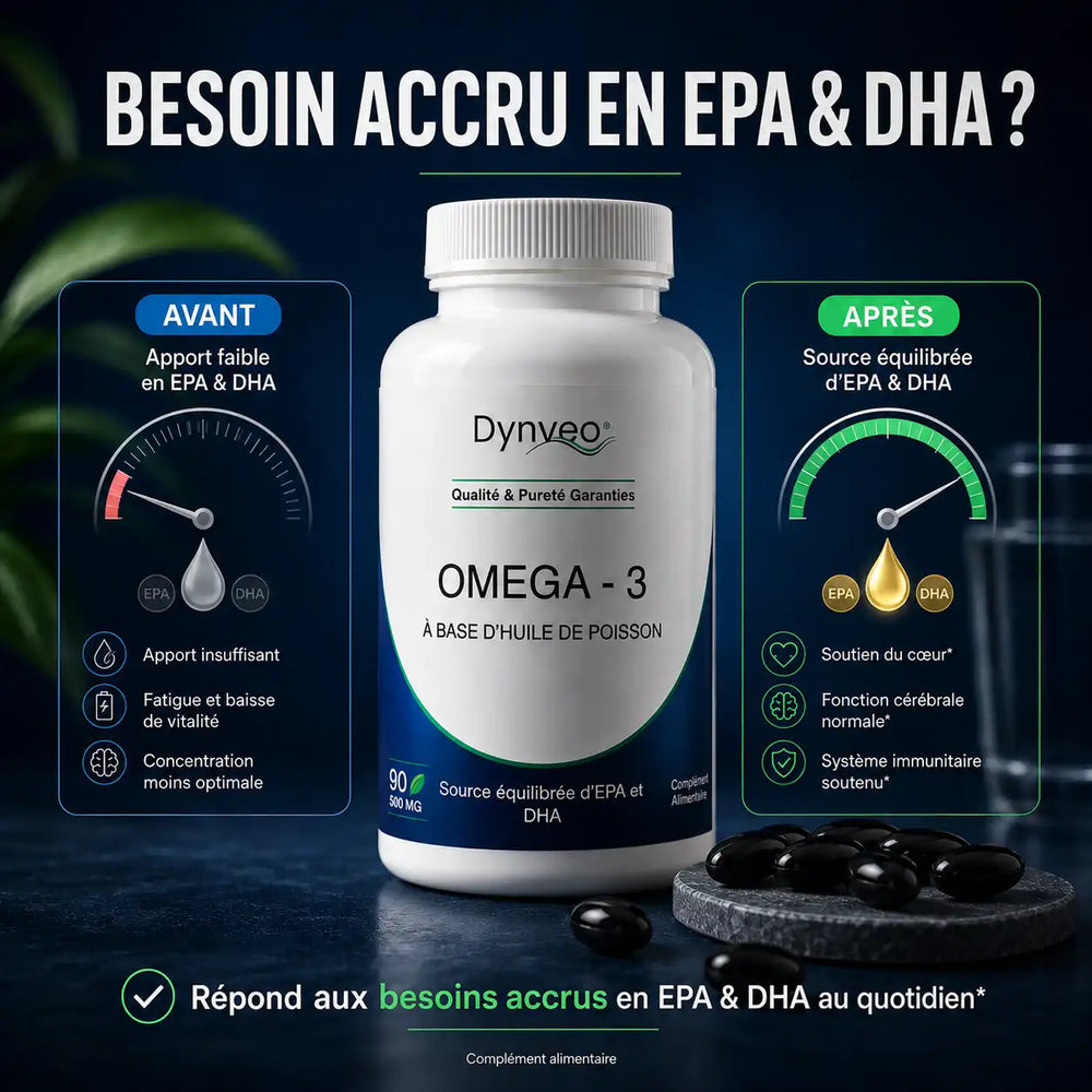 Oméga 3 500 mg + EPA DHA – Huile de Poisson – 90 Capsules