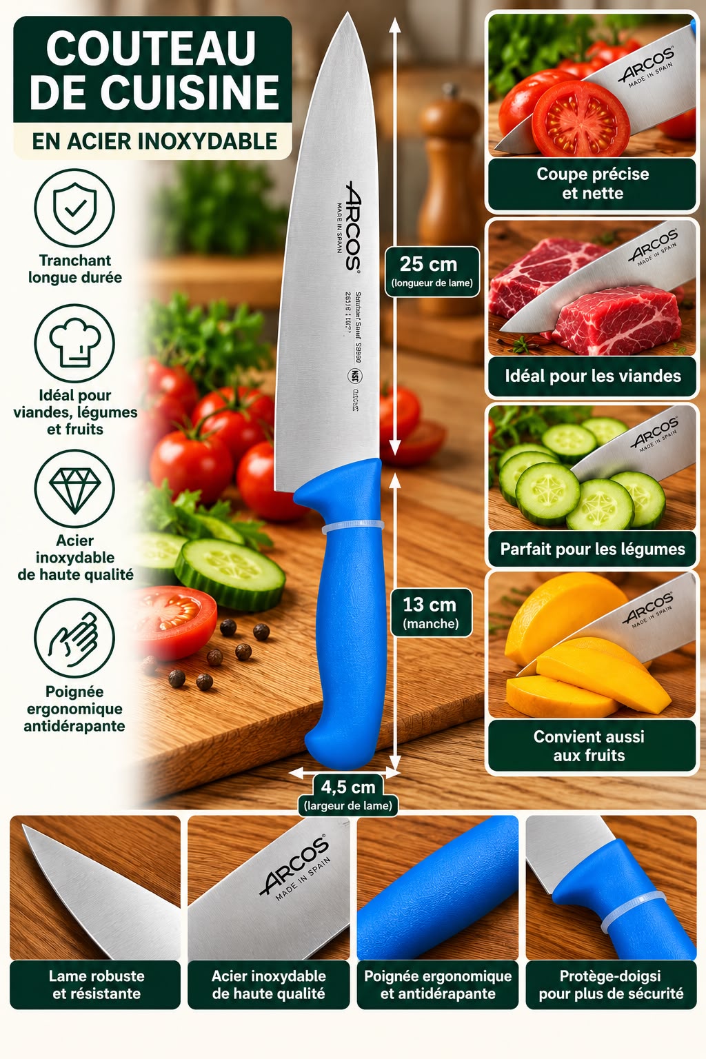COUTEAU CUISINE ARCOS BLEU 292223 250MM