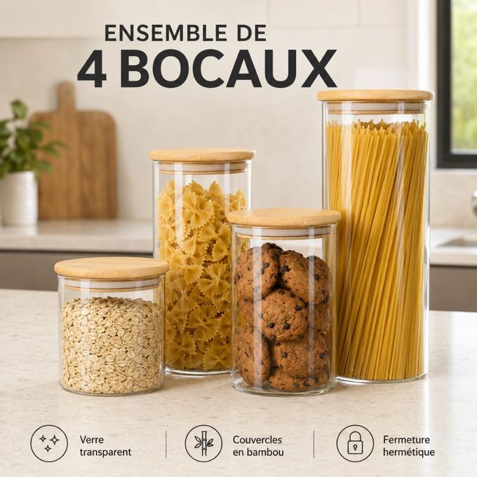 Kenz Ensemble de 4 Bocaux de Conservation en Verre avec Couvercles en Bambou