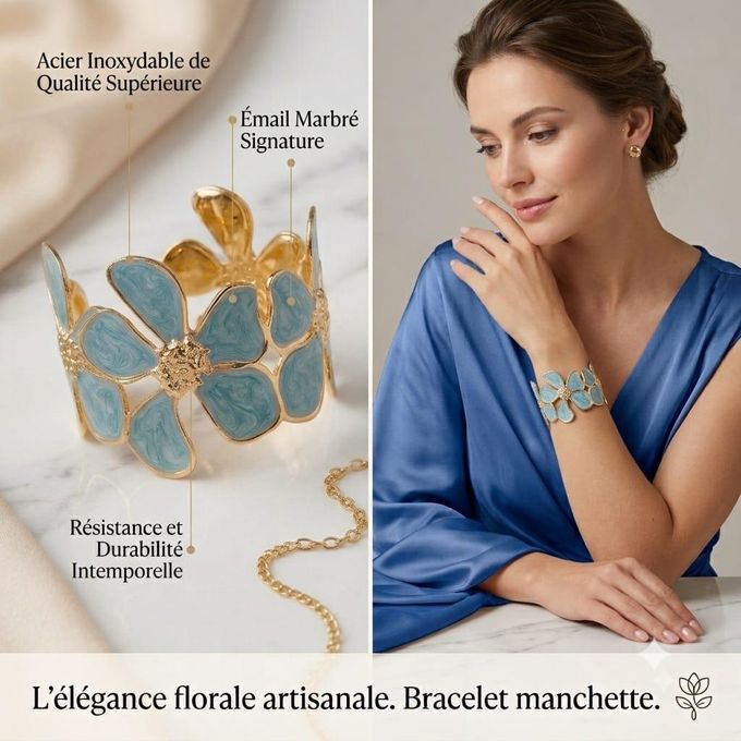 Bracelet Manchette Fleur Azur – Acier Inoxydable-Finition dorée brillante-Style féminin, raffiné et tendance