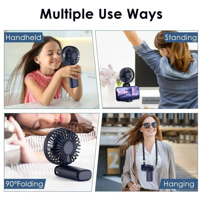 Mini Ventilateur Portable Rechargeable 3000mAh avec Écran LED, USB Pliable 3-en-1 à 5 Vitesses – Utilisation Main, Cou ou Bureau pour Voyage, Été, Bureau ou Maison