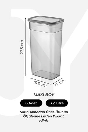 6'lı Mega Boy Etiketli Dikdörtgen Erzak Saklama Kabı Seti 3200ml Çay Şeker Saklama Kabı 3.2 Litre - Justyol