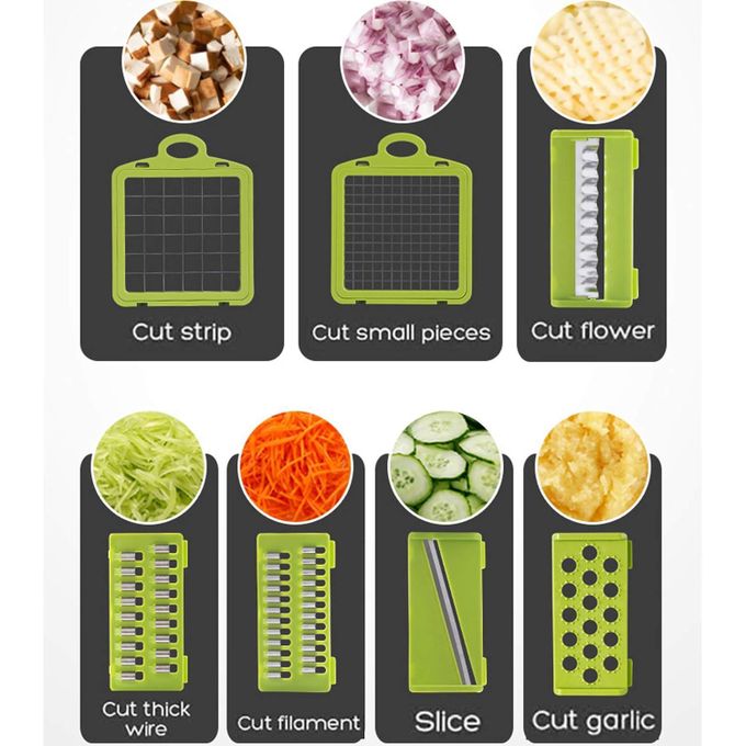 Coupe Légumes Multifonction 11 en 1 – Mandoline Hachoir & Râpe avec 7 Lames Inox Interchangeables + Récipient – Trancheuse Manuelle pour Salades, Oignons, Pommes de Terre et Fruits