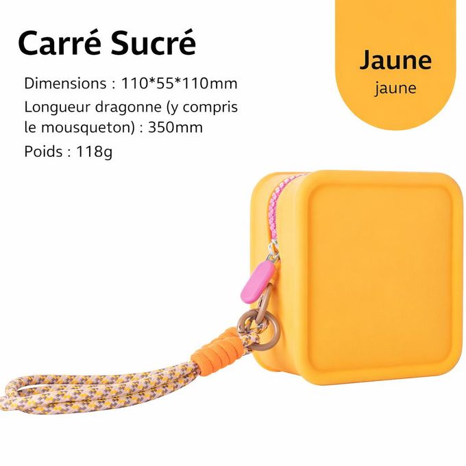 Mini pochette carrée en silicone avec fermeture éclair et lanière