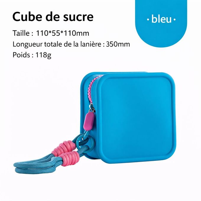 Mini pochette carrée en silicone avec fermeture éclair et lanière