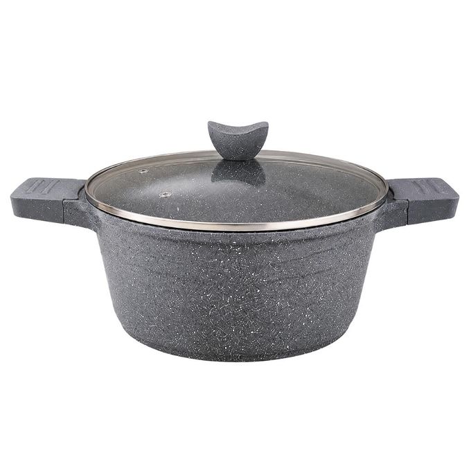 Kenz Faitout en Aluminium 24 cm Couvercle en Verre et Revêtement Granit Antiadhésif,