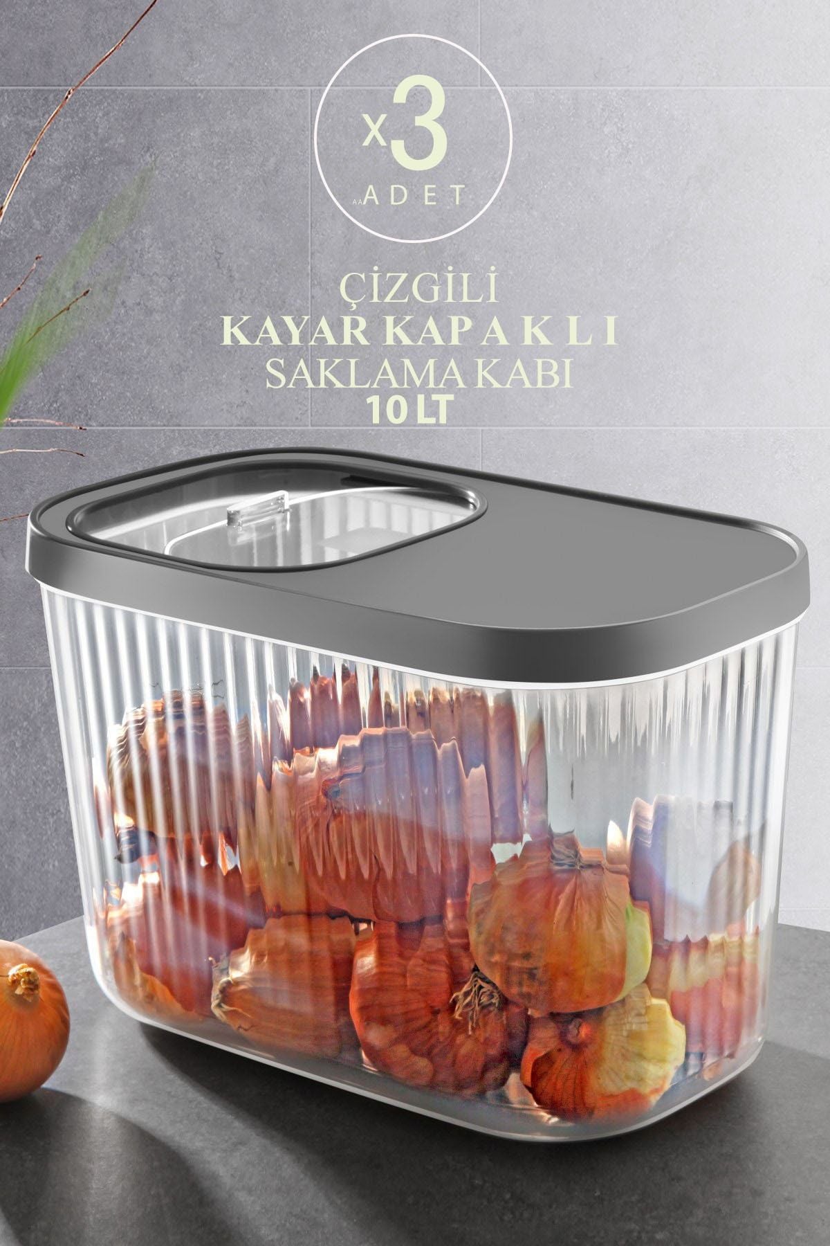 3'lü 10 litres Çizgili Erzak Bakliyat Saklama Kabı -kayar Kapaklı Deterjan comprimé Saklama Kutusu