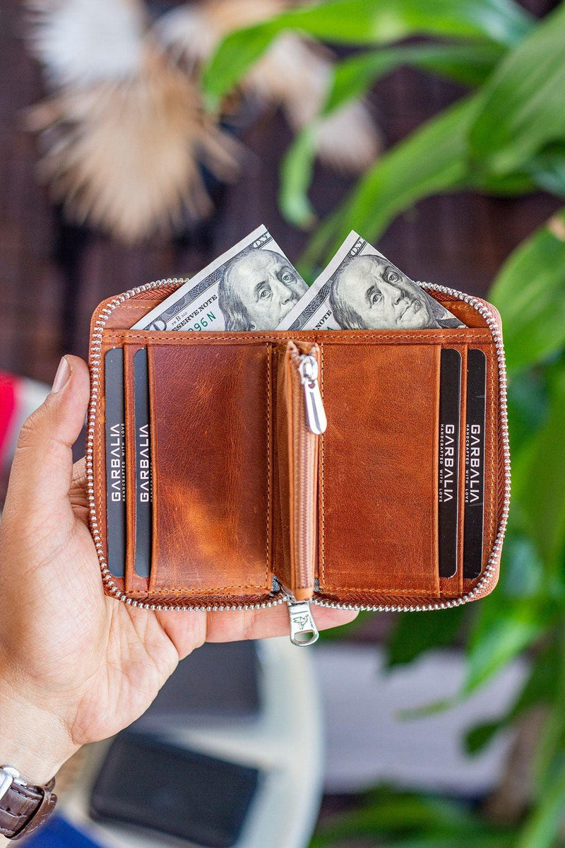 Portefeuille unisexe en cuir véritable Crazy Leather zippé avec porte-monnaie – Taba Sydney