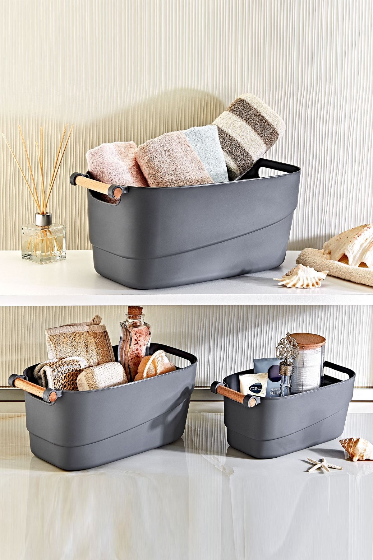 <tc>Lot de 3 paniers rétro polyvalents avec poignées en bois pour salle de bain, cuisine et tiroir - anthracite</tc>