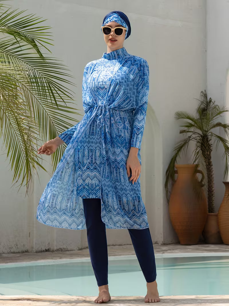 Burkini Femme Modeste 4 Pièces Imprimé – Ensemble Maillot de Bain avec Turban