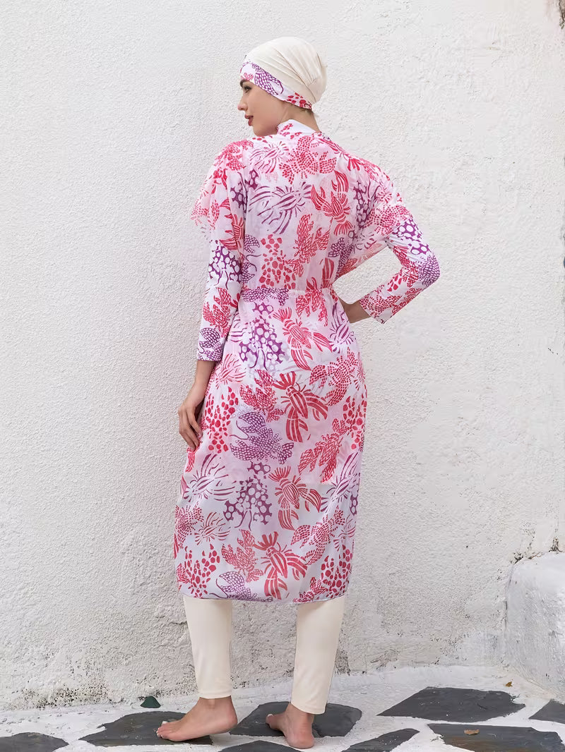 Burkini Femme Modeste 4 Pièces Imprimé – Ensemble Maillot de Bain avec Turban
