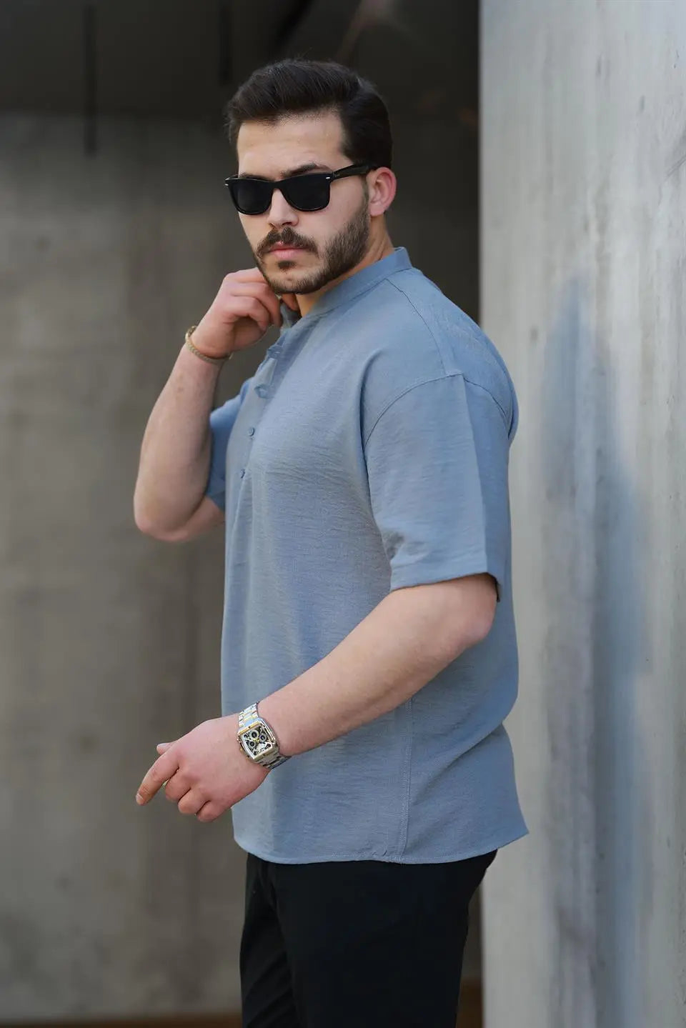 wes oversize yarim pat bambu kisa kol gömlek - Justyol
