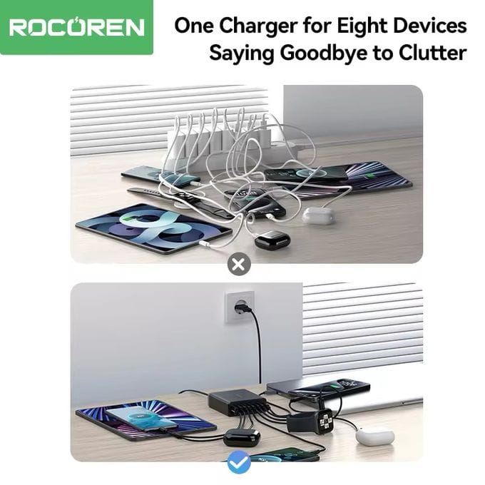 Station de Charge Rapide Rocoren 200W - 8 Ports (6 USB-C + 2 USB-A)