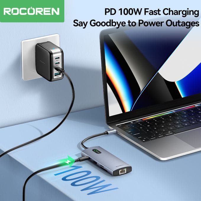 روكورين أورورا موزع USB-C متعدد المنافذ 8 في 1 بدقة 4K وشحن 100 واط