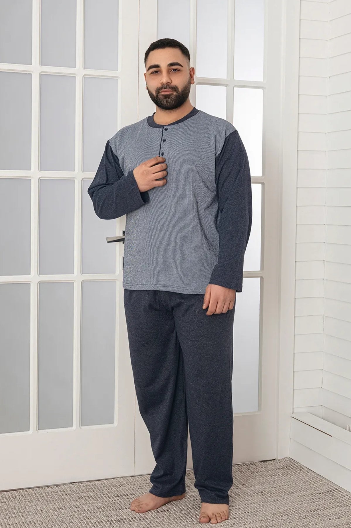 <tc>X-Dreamy grande taille pyjama homme à manches longues en coton avec col à boutons.</tc>