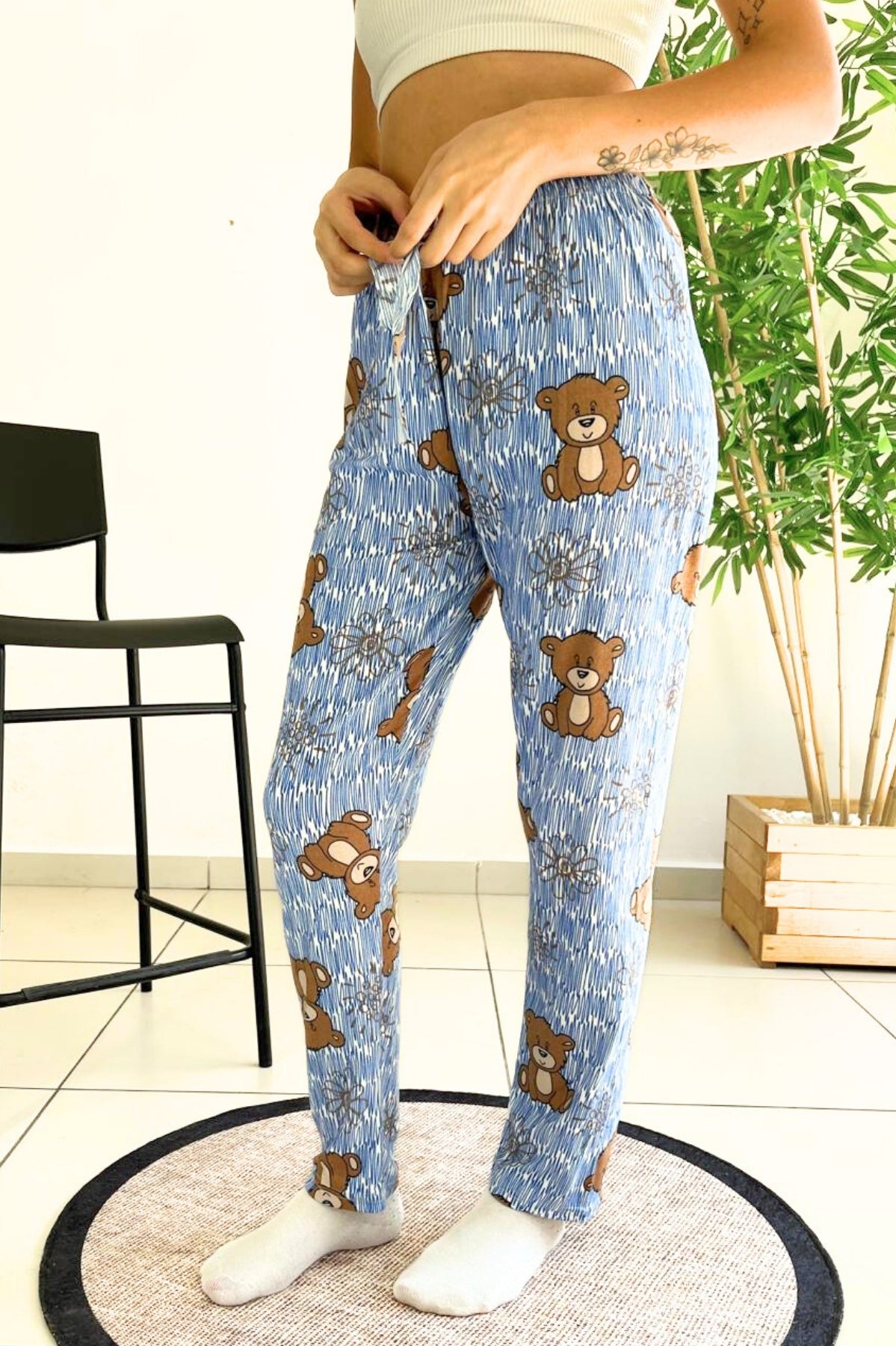 dreamy soft kadife dokulu ayicik desenli süet pijama alti pantolon