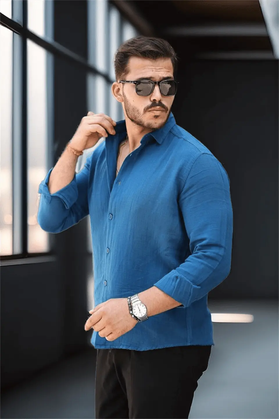 nefes alabilir yarim oversize müslin kumaş uzun kol yakali erkek gömlek - Justyol