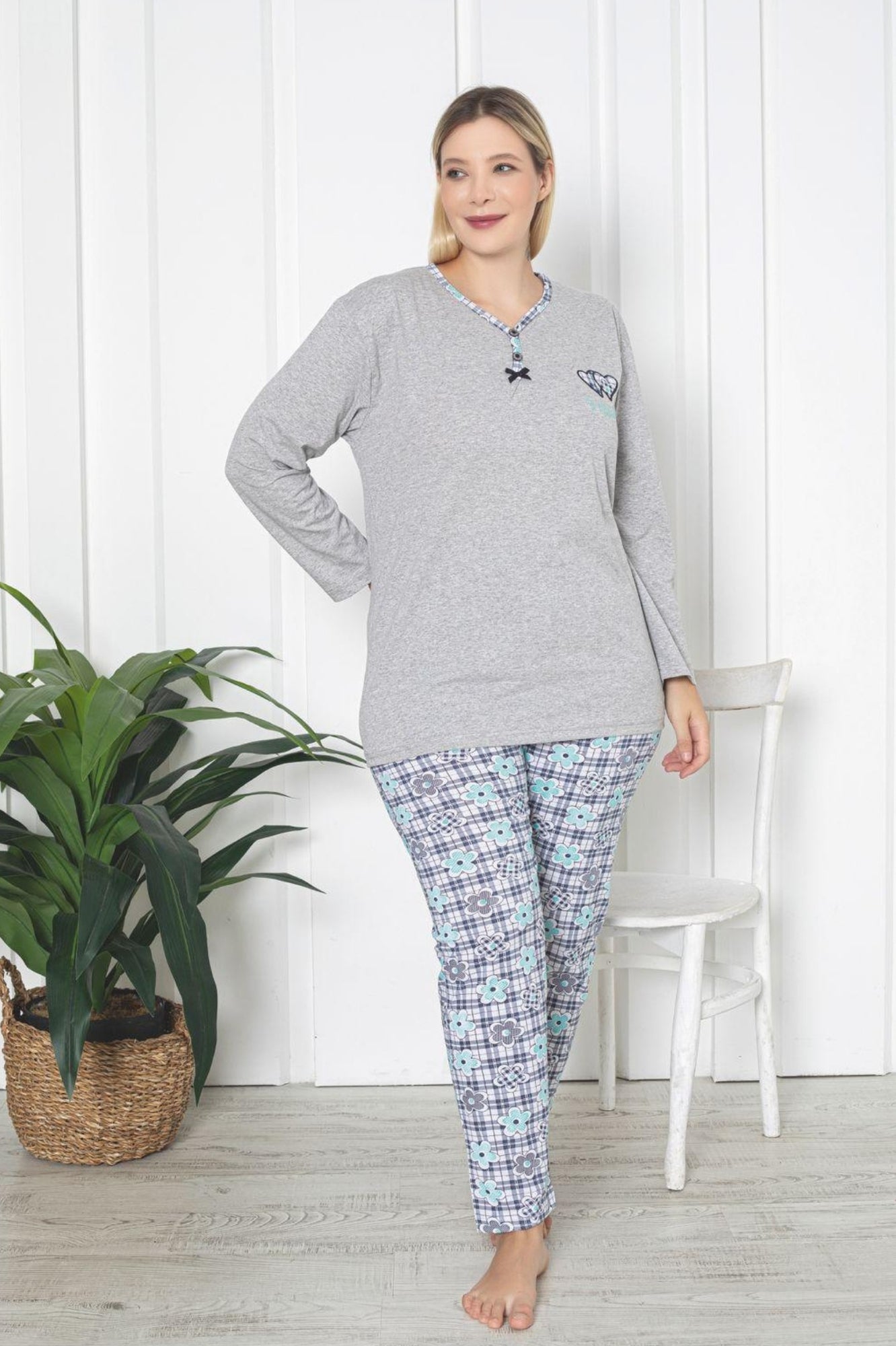 <tc>"Ensemble de pyjama long à manches pour grande taille en coton à motifs, modèle X-Dreamy.</tc>