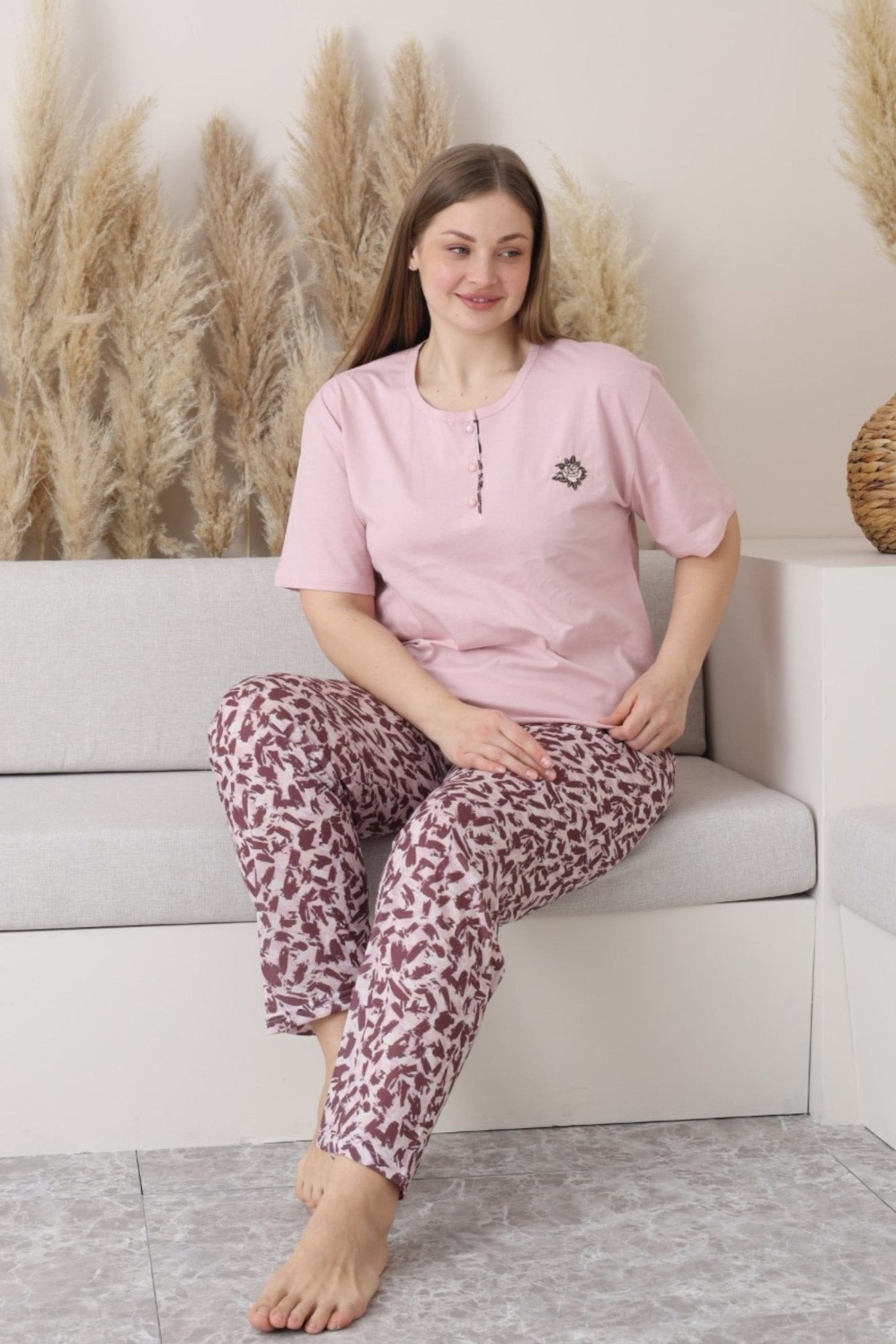 x - dreamy büyük beden pamuklu düğmeli yaka kisa kollu penye pijama takimi - Justyol
